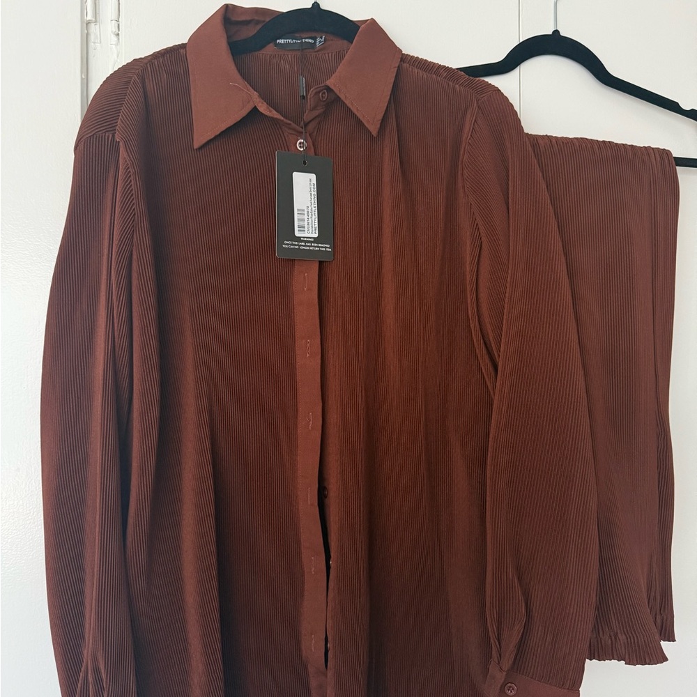Brown Pleated Shirt and Pants Set